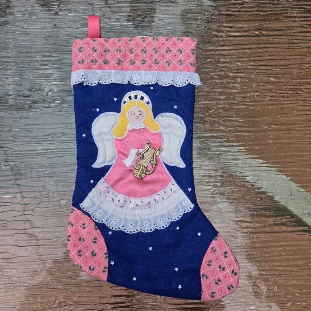 Vintage Pink & Blue Angel Patchwork Christmas Stocking Avon 80s 90s Nostalgia